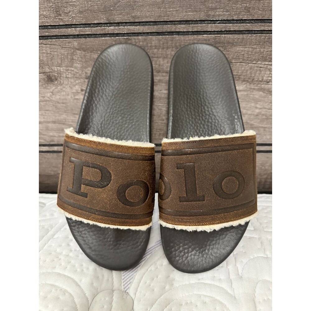 NWOB POLO RALPH LAUREN MEN'S SANDALS Suede Sherpa Lined Logo Slide SNUFF CAYSON - Picture 5 of 10